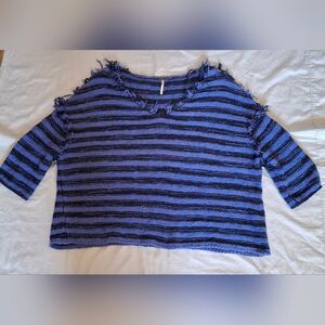 Free People Oversized Frayed Blue Striped Sweater V Neck Style Womens L Boho